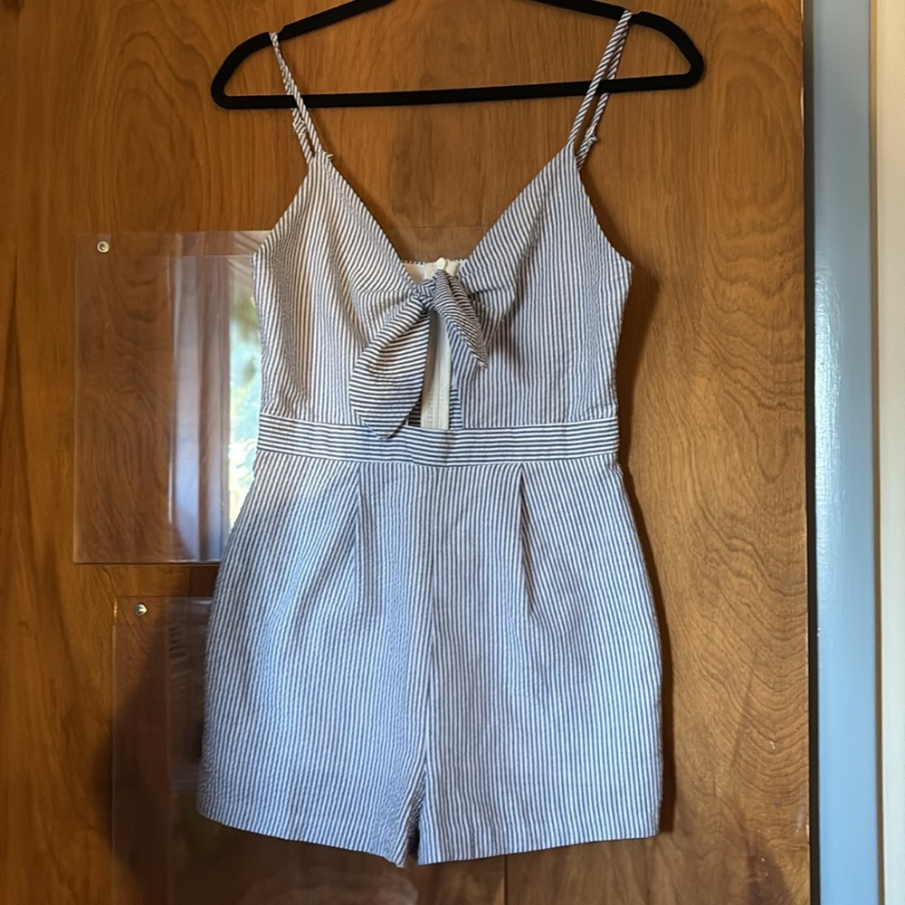 Everly Seersucker Romper Blue and White Striped